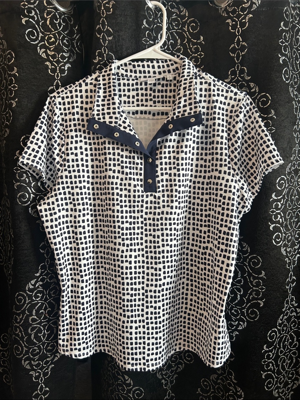 Chico's Zenergy Navy & White UPF Dots Mock Neck Polo Size 2 / L